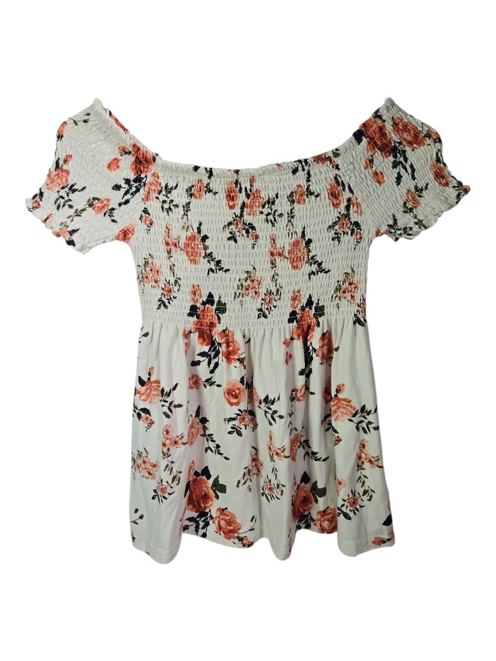 White Off-Shoulder Floral Smocked Top with Rust Roses